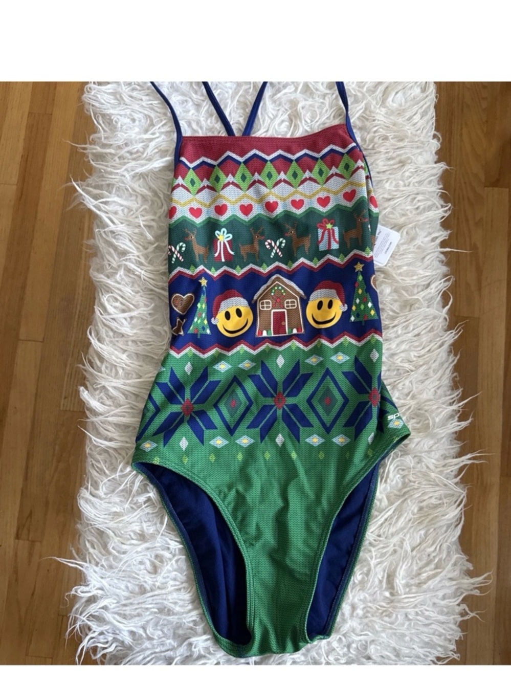 Holiday Pattern Green One-Piece Swimsuit with Red & Blue Accents